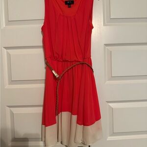 BCX Coral and Cream Midi Dress with Matching Cardigan
